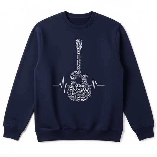 A navy blue sweatshirt featuring a white graphic of an acoustic guitar silhouette filled with various musical notes and symbols. A white heartbeat line extends horizontally from both sides of the guitar.