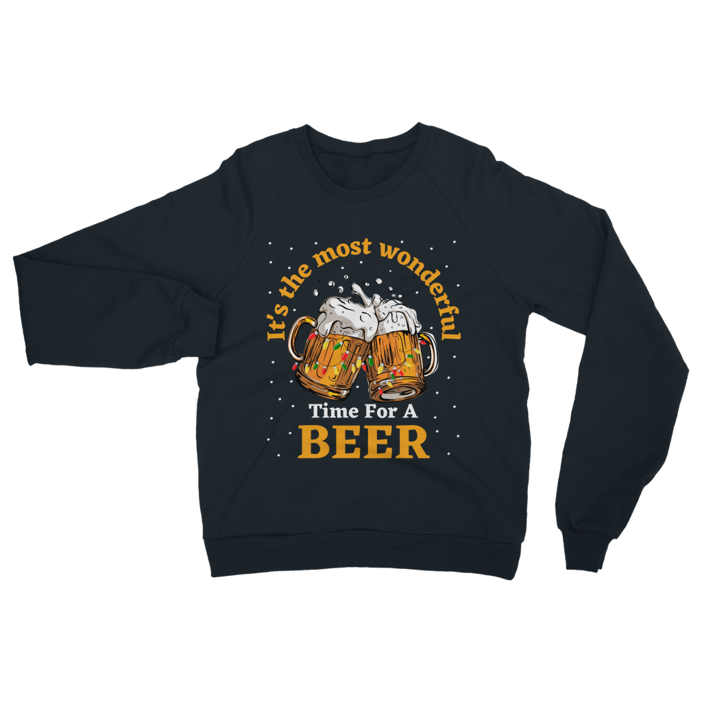 Navy Christmas sweatshirt for adults with two clinking beer mugs, Christmas lights, snow, and the phrase "It’s the most wonderful time for a beer."