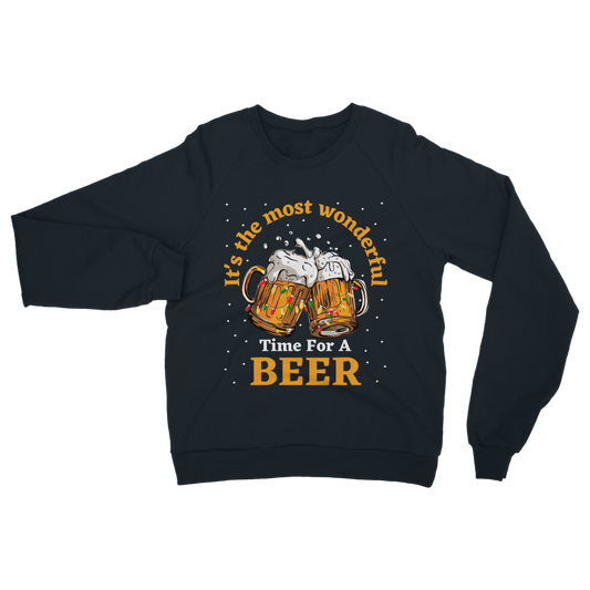 Navy Christmas sweatshirt for adults with two clinking beer mugs, Christmas lights, snow, and the phrase "It’s the most wonderful time for a beer."