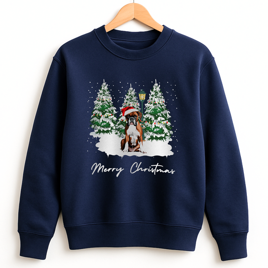 Navy adult Christmas sweatshirt on a wooden hanger, featuring a boxer dog in a Santa hat, sitting in the snow with decorated trees and “Merry Christmas” text.