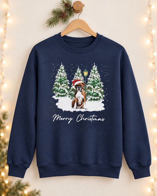 A navy blue crewneck sweatshirt hanging on a wooden hanger against a warm beige wall with soft string lights. The sweatshirt features a festive Christmas graphic of a brown and white boxer dog wearing a red Santa hat, sitting in front of three snow-covered pine trees with a small golden lightbulb, above the white cursive text 'Merry Christmas'.