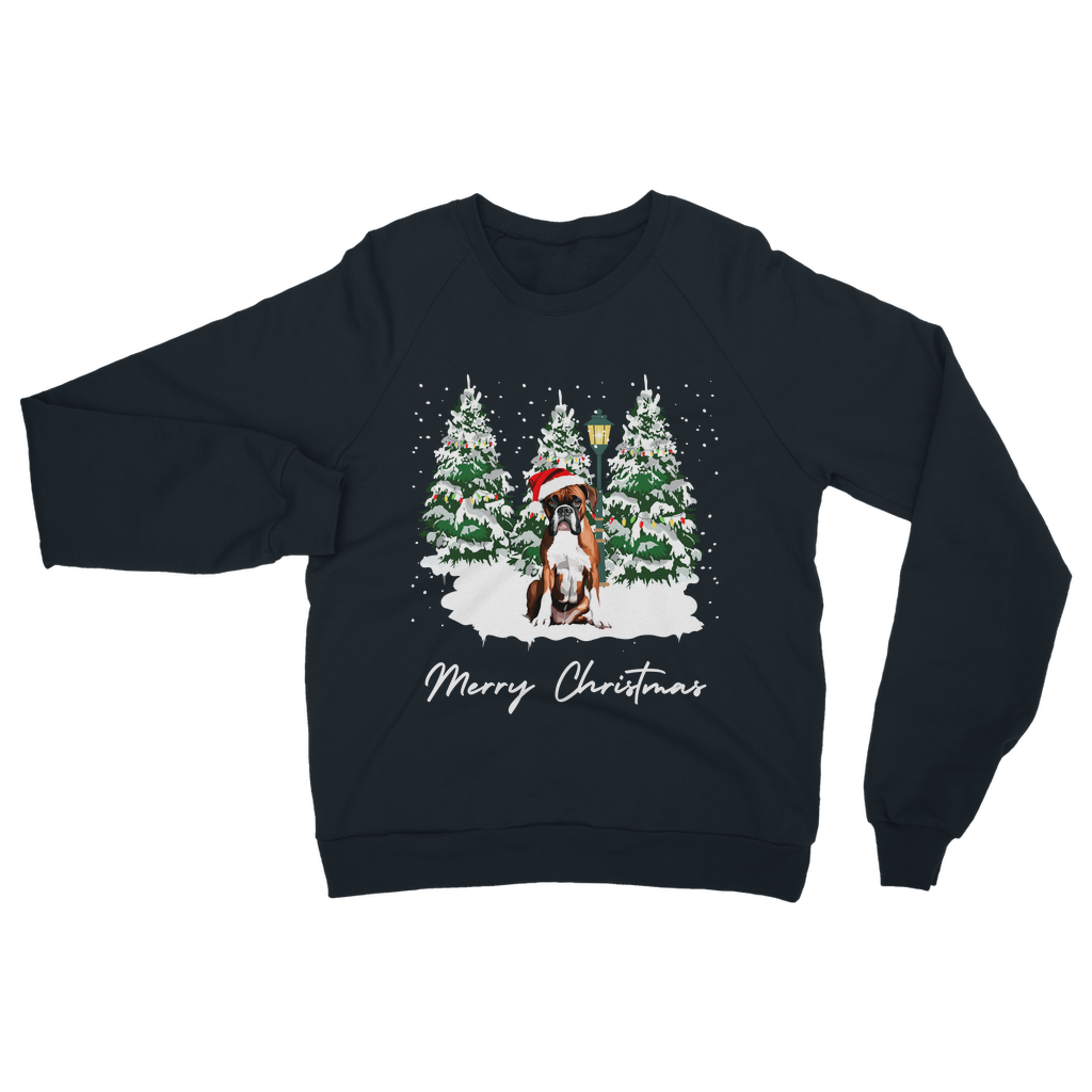 Adults navy Christmas sweatshirt featuring a boxer dog in a Santa hat, sitting in the snow with decorated trees and “Merry Christmas” text.