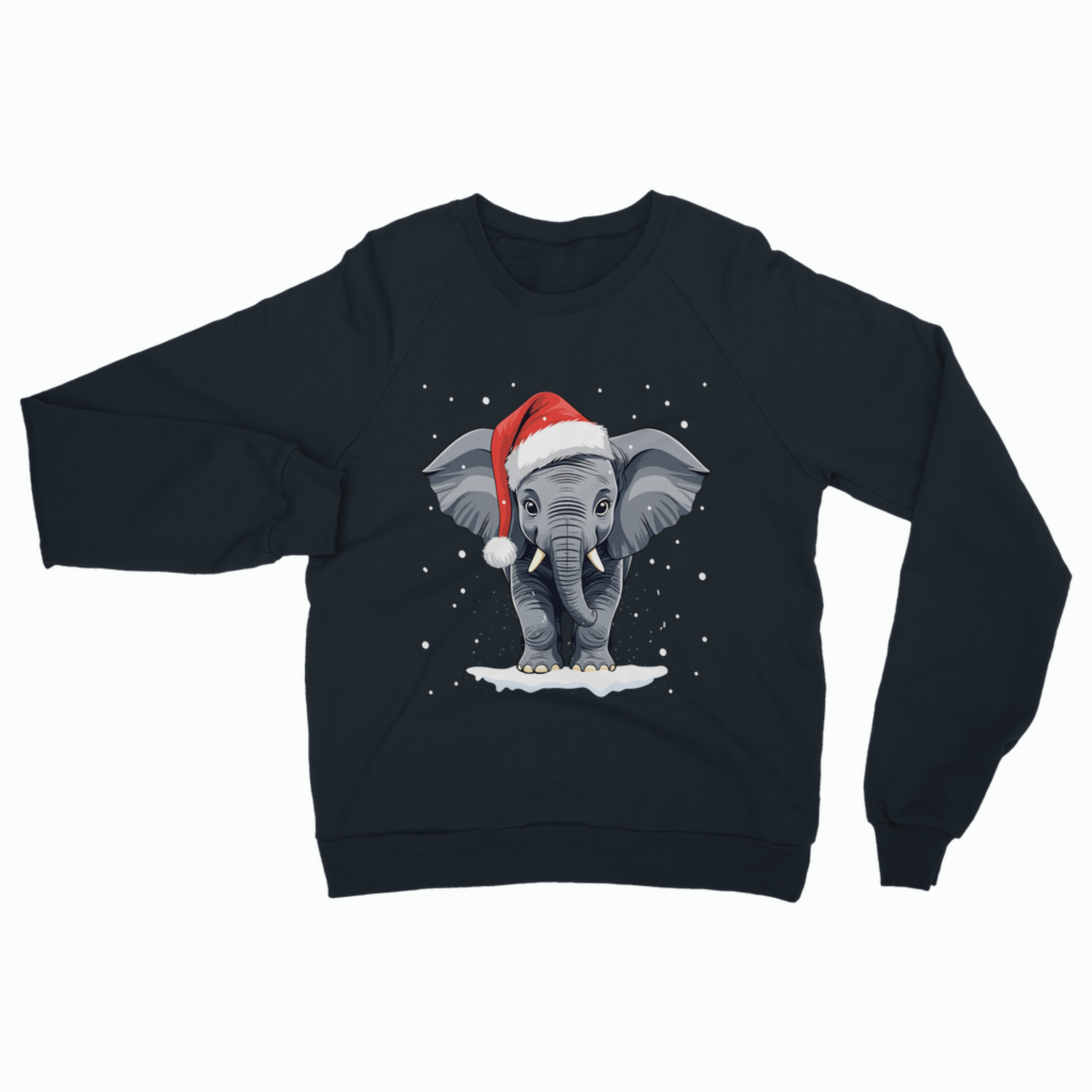 Adult navy Christmas sweatshirt featuring a cute baby elephant wearing a Santa hat, standing on snow with falling snowflakes.