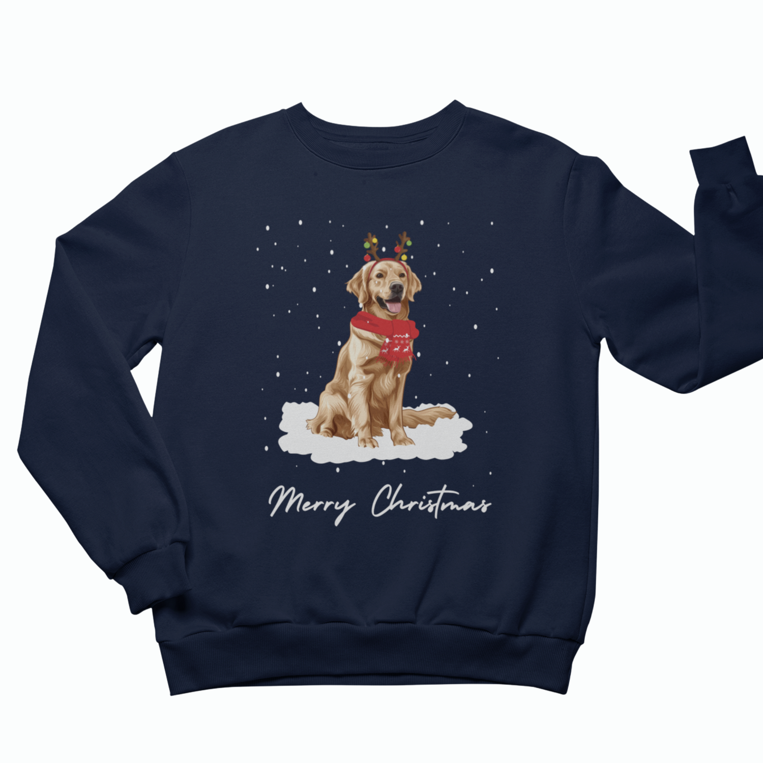 Navy adult Christmas sweatshirt with a golden retriever wearing reindeer antlers and a red scarf, surrounded by falling snow.