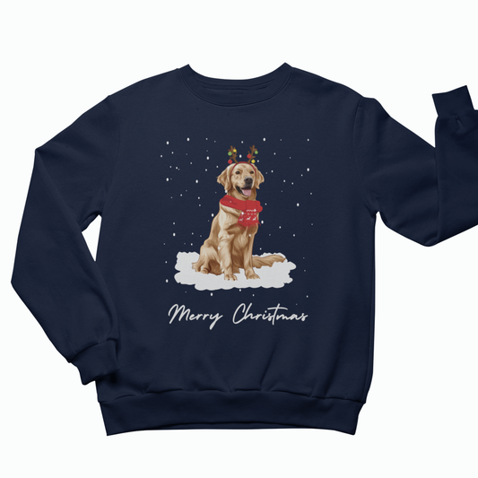 Navy adult Christmas sweatshirt with a golden retriever wearing reindeer antlers and a red scarf, surrounded by falling snow.