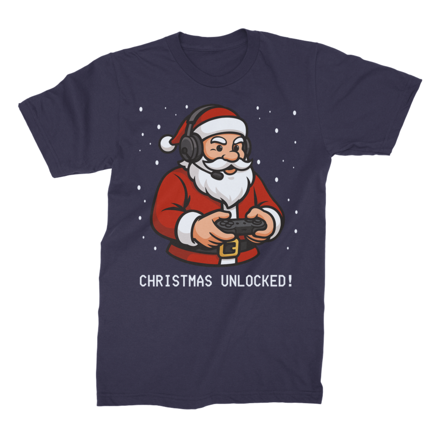 Navy Christmas Unlocked T-shirt for adults, featuring Santa with a headset, microphone and game controller