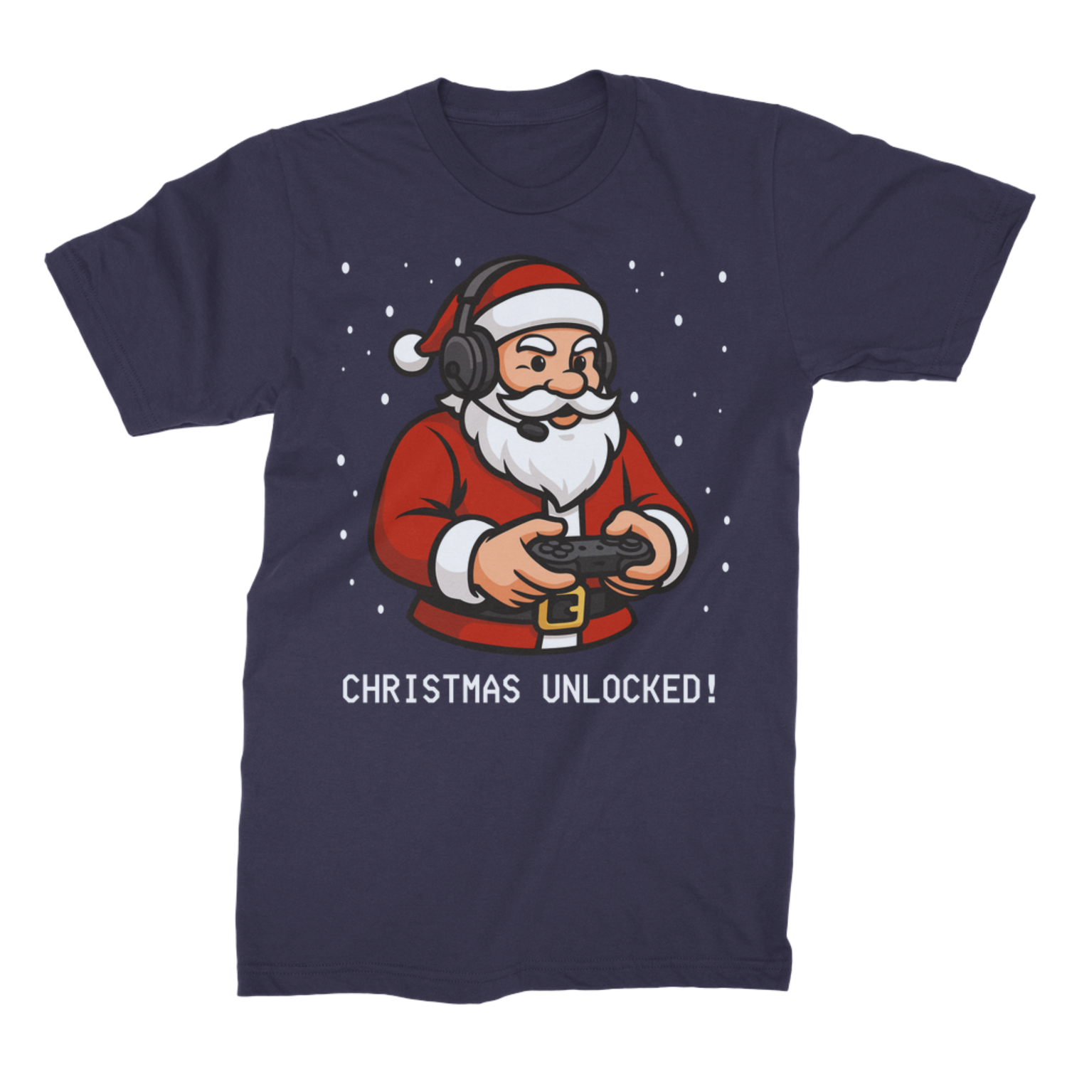 Navy Christmas Unlocked T-shirt for adults, featuring Santa with a headset, microphone and game controller