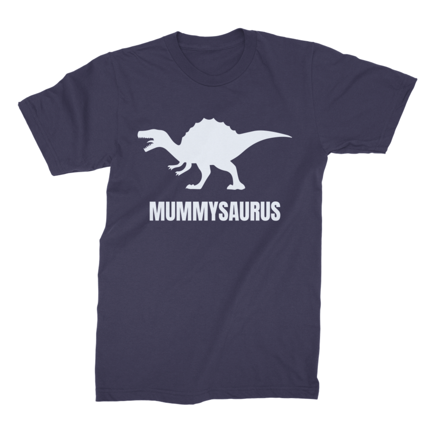 Navy t-shirt with a white dinosaur graphic and 'MUMMYSASURUS' text on a white background