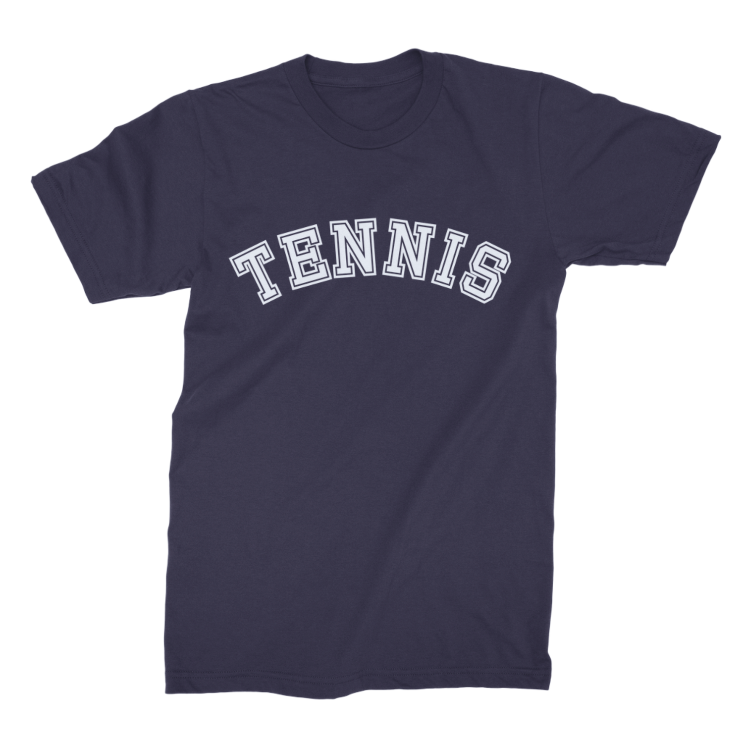 Navy adult T-shirt with a white varsity-style Tennis slogan across the chest.