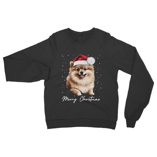 Adults black Christmas-themed sweatshirt with a Pomeranian wearing a Santa hat, with falling snow and 'Merry Christmas' text.