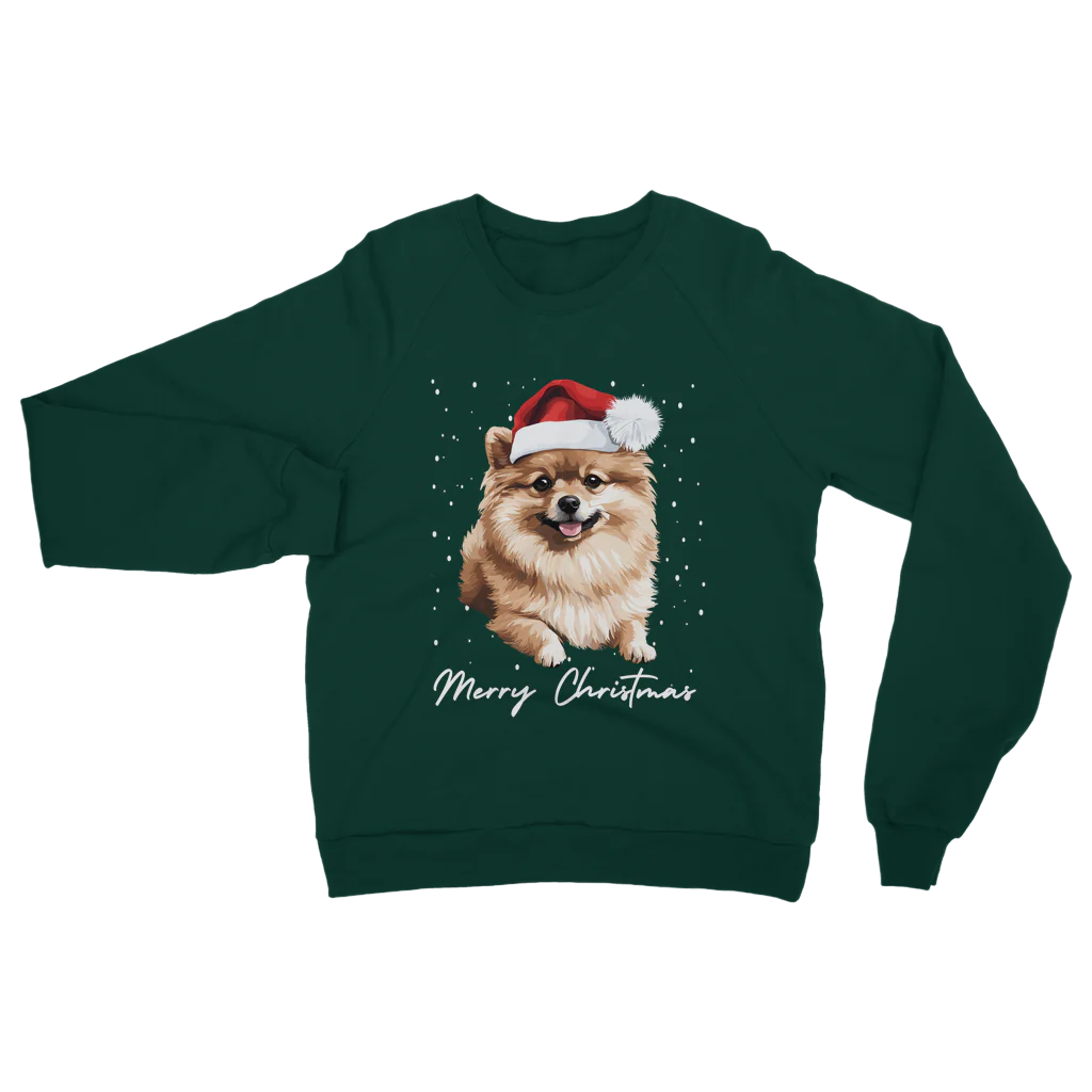 Adults dark green Christmas-themed sweatshirt with a Pomeranian wearing a Santa hat, with falling snow and 'Merry Christmas' text. 