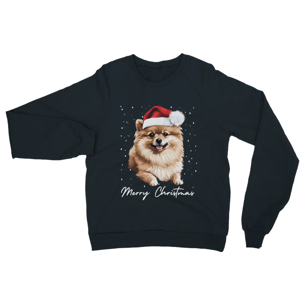 Adults navy Christmas-themed sweatshirt with a Pomeranian wearing a Santa hat, with falling snow and 'Merry Christmas' text.