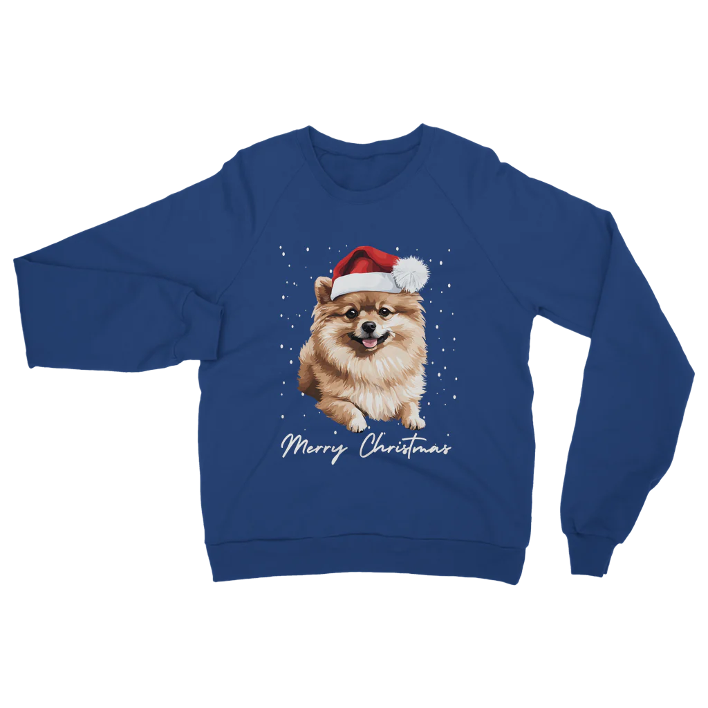 Adults royal blue Christmas-themed sweatshirt with a Pomeranian wearing a Santa hat, with falling snow and 'Merry Christmas' text.