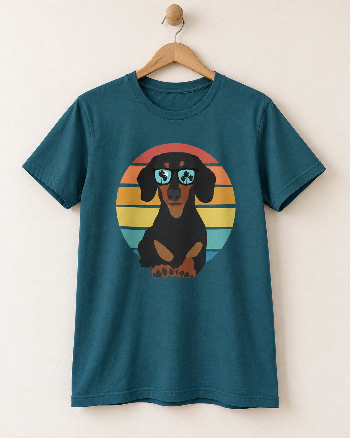 A teal short-sleeve t-shirt hanging on a wooden hanger against a light beige wall. The shirt features a graphic print of a black and tan dachshund wearing blue star-shaped glasses, set against a retro sunset circle background.