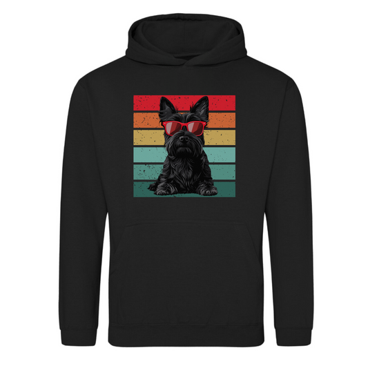 A black hoodie with a graphic of a black Scottie dog wearing red sunglasses against a multi-coloured vintage backdrop.