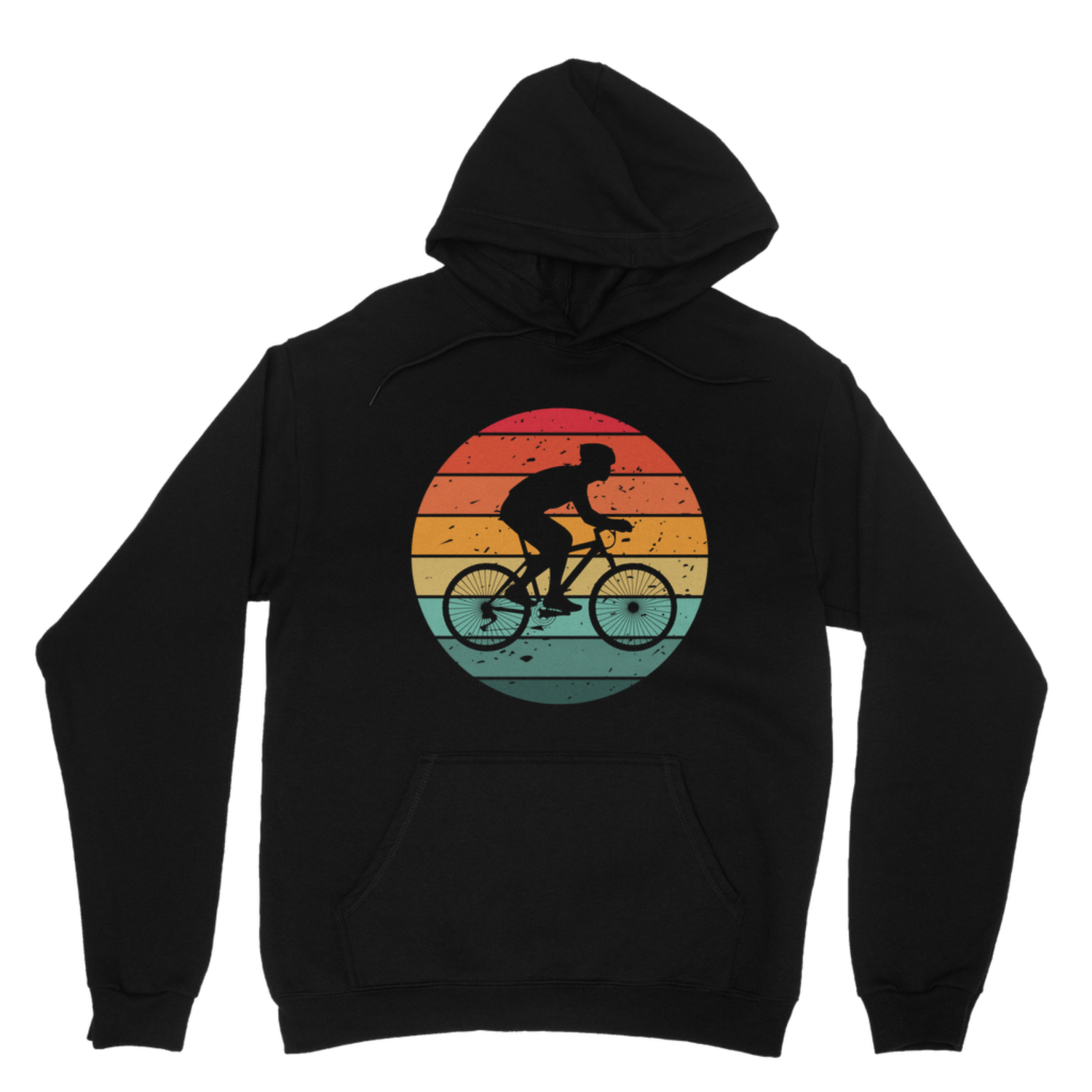 Black adult hoodie featuring a cyclist silhouette against a distressed retro sunset graphic.