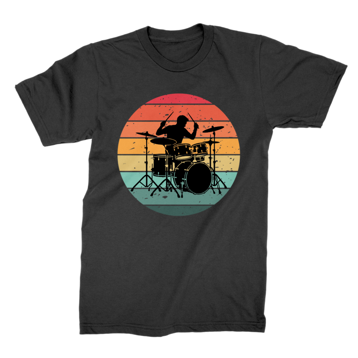 Black adult T-shirt laid flat, featuring a drummer and drum kit silhouette against distressed red, orange, yellow and teal sunset stripes.
