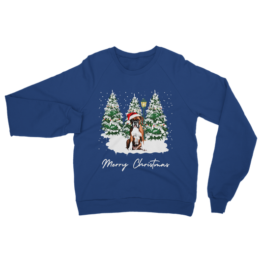 Adults royal blue Christmas sweatshirt featuring a boxer dog in a Santa hat, sitting in the snow with decorated trees and “Merry Christmas” text.