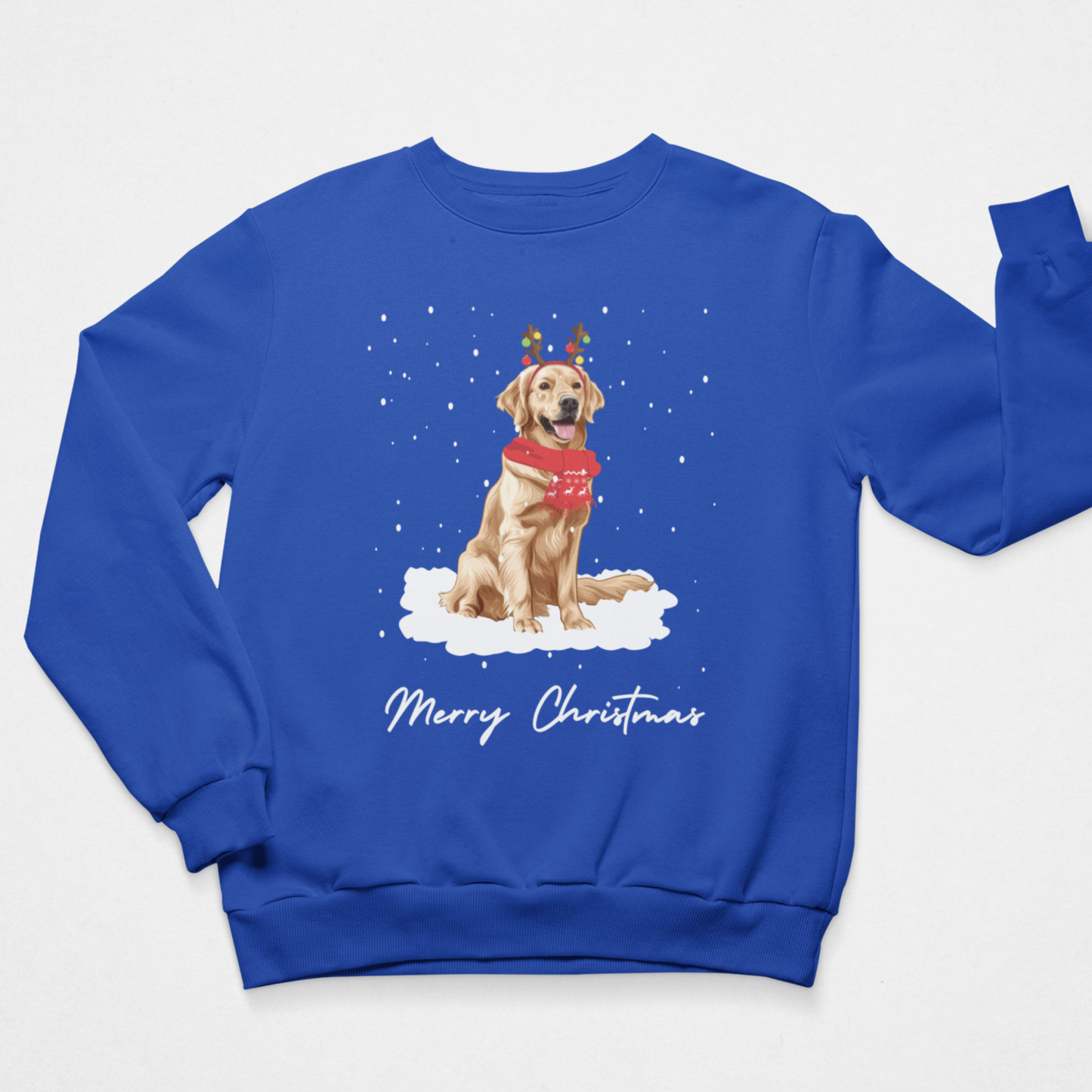 Royal blue festive jumper featuring a golden retriever in antlers and scarf with snowy Christmas design and Merry Christmas script.