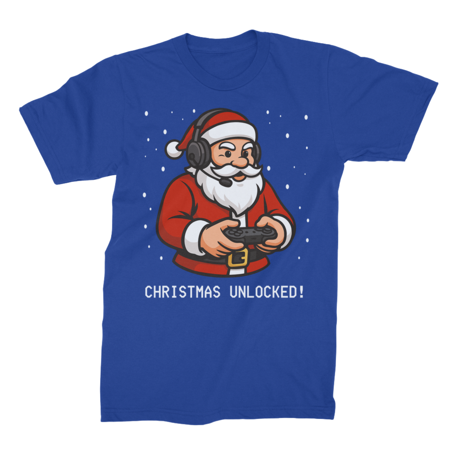 Royal blue adult Christmas gaming T-shirt with a colourful Santa print, scattered snowflakes and festive slogan