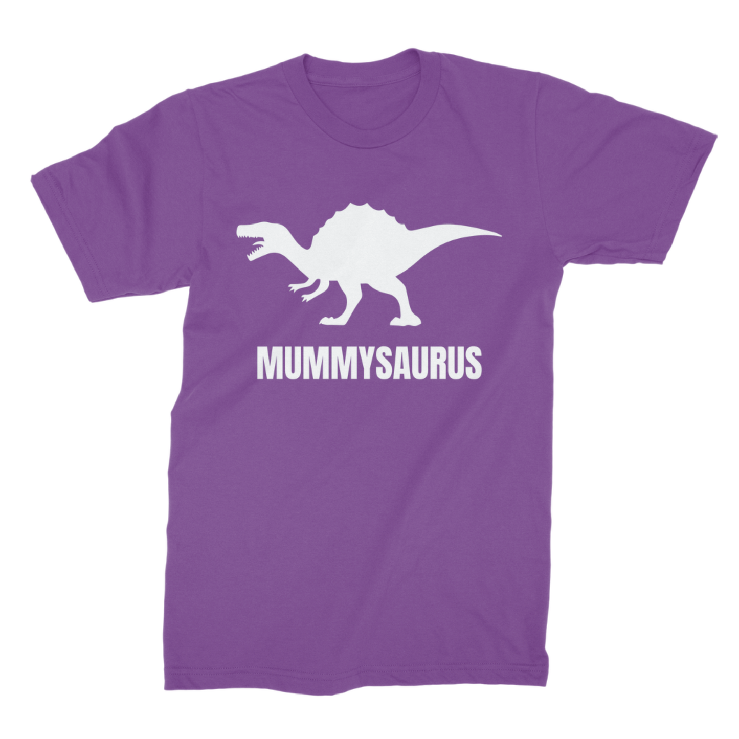 Purple t-shirt with a white dinosaur graphic and 'MUMMYSASURUS' text on a white background