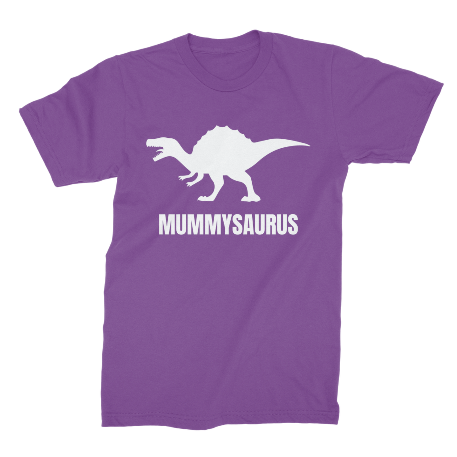 Purple t-shirt with a white dinosaur graphic and 'MUMMYSASURUS' text on a white background
