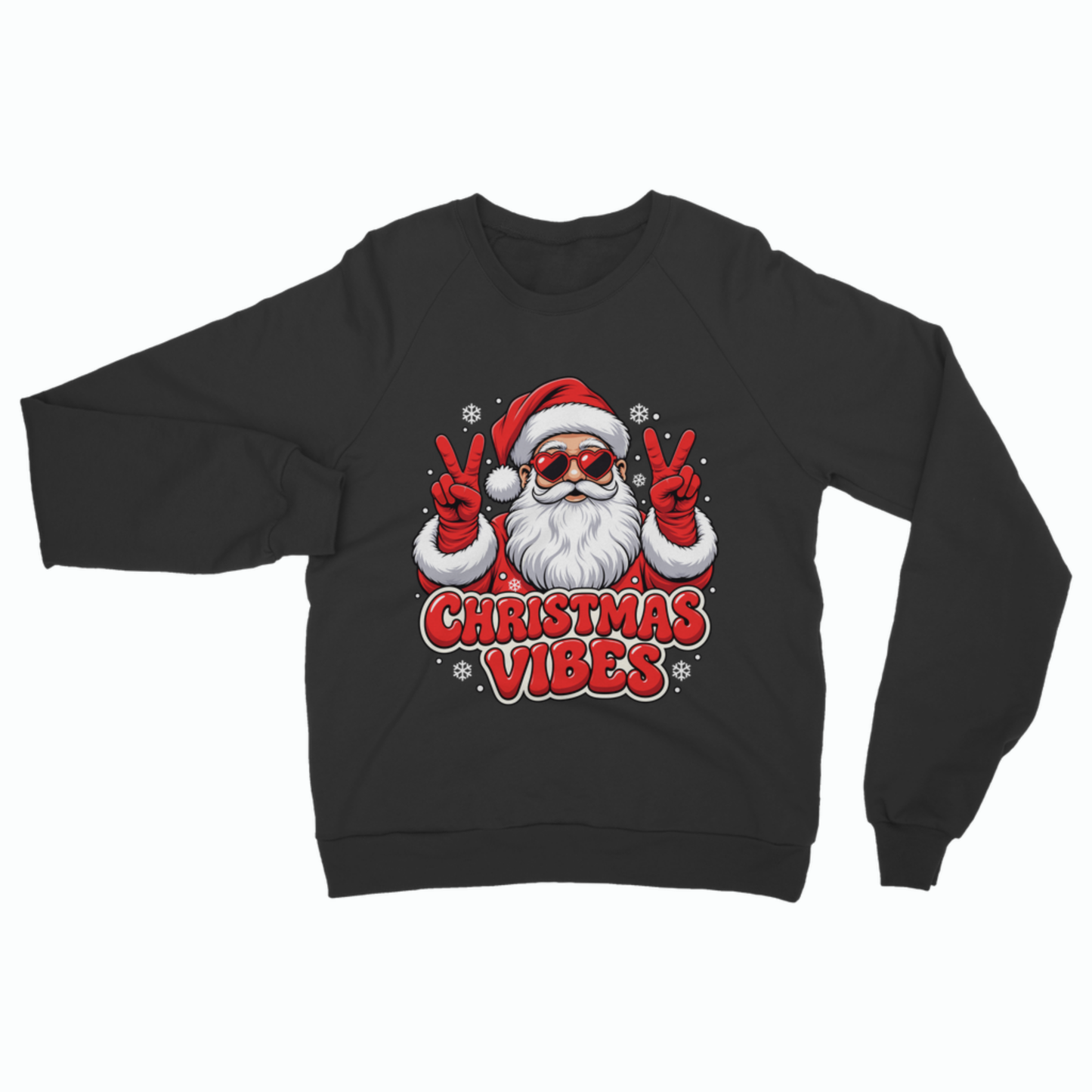 A black crewneck sweatshirt featuring a graphic of a Santa Claus wearing sunglasses and making peace signs, with the text 'CHRISTMAS VIBES' in red below him.