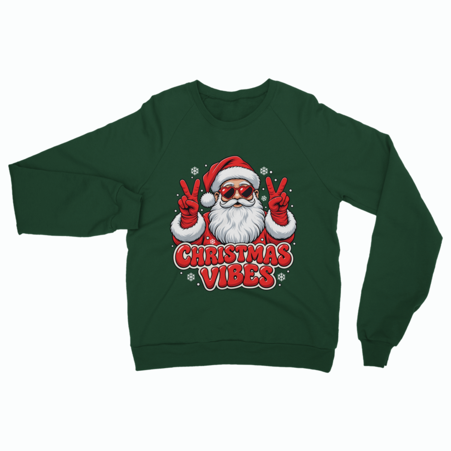 Flat lay of a dark green adult Christmas crewneck sweatshirt featuring an illustration of Santa Claus in heart-shaped sunglasses and red mittens making peace signs, set against falling snowflakes with the text "CHRISTMAS VIBES"