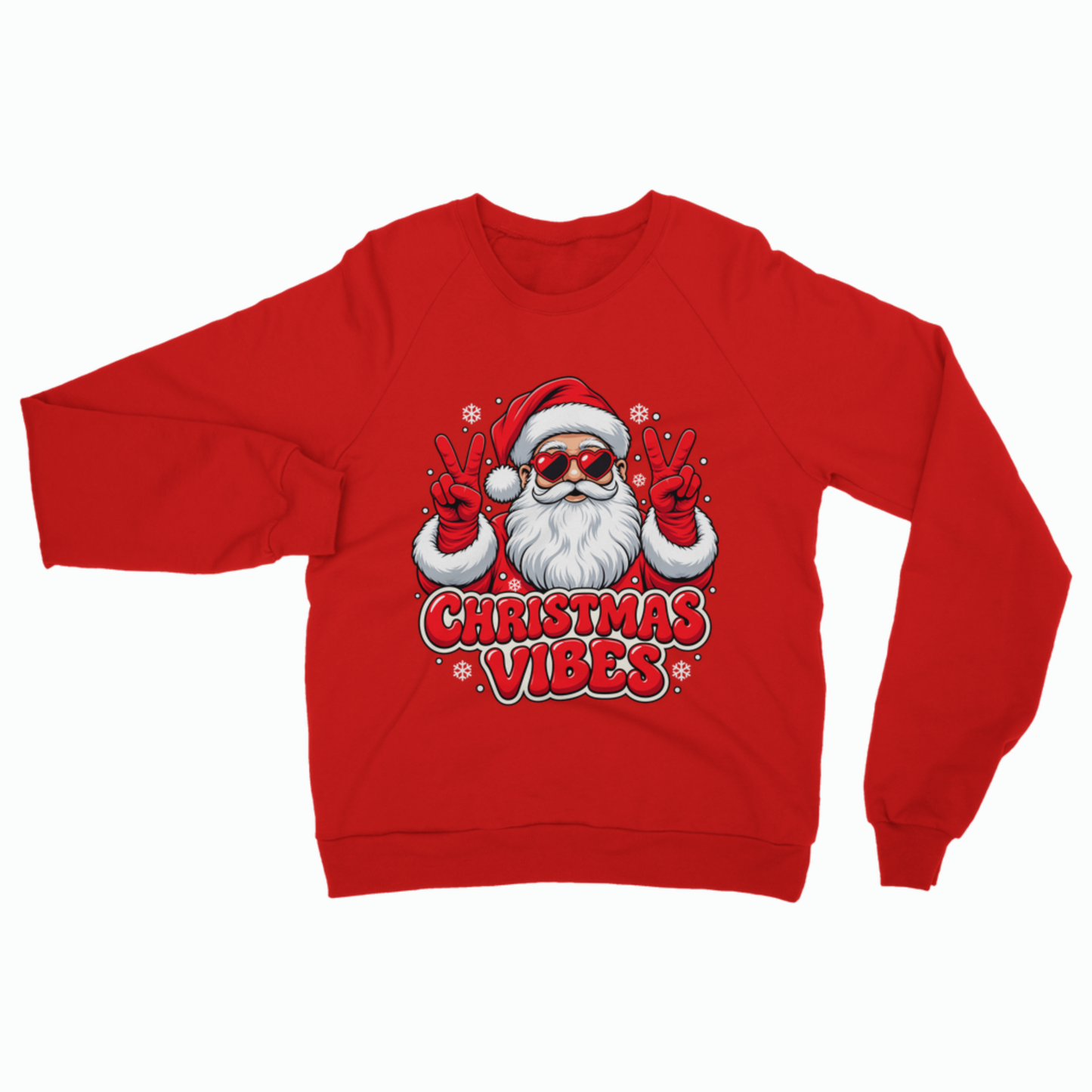 Flat lay of a bright red adult Christmas crewneck sweatshirt featuring a graphic of Santa Claus wearing heart-shaped sunglasses and red mittens giving peace signs, surrounded by tiny snowflakes and the bubble lettering text "CHRISTMAS VIBES"