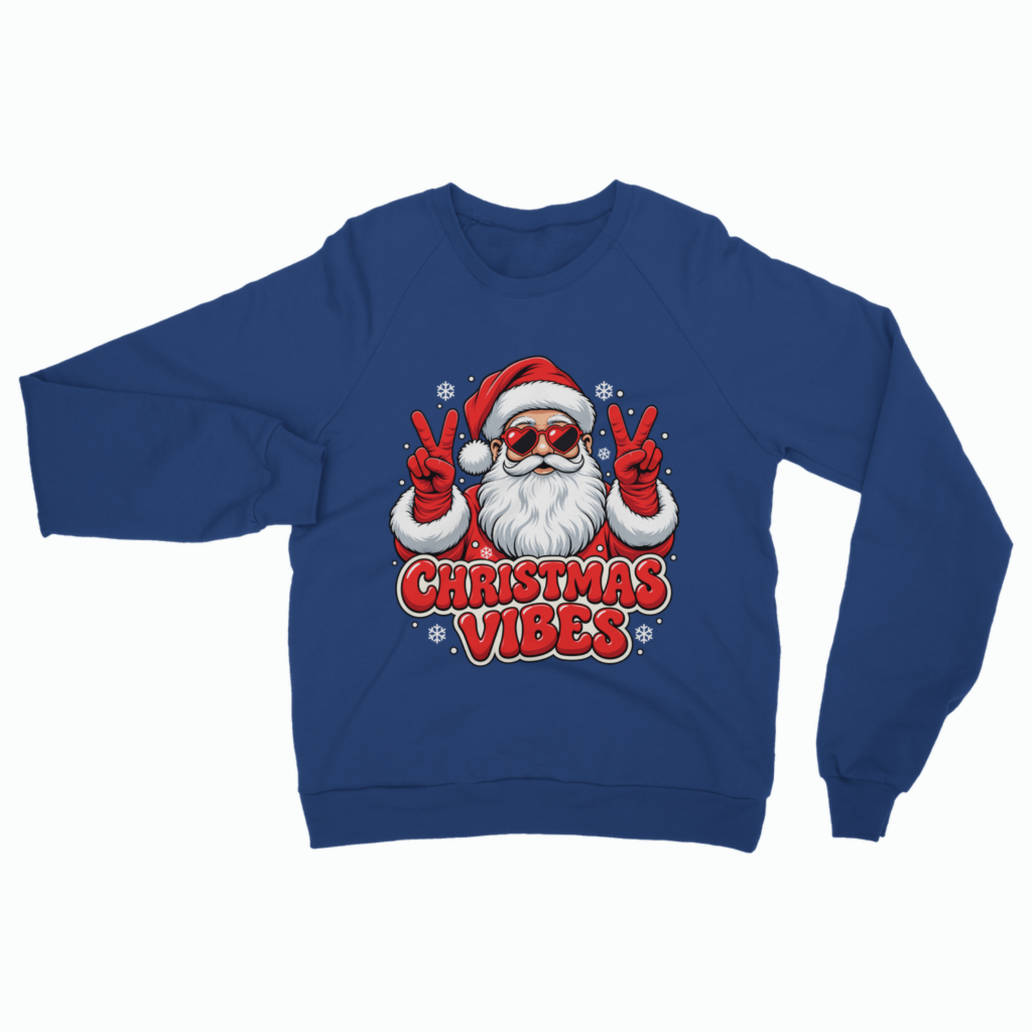 Flat lay of a royal blue adult Christmas crewneck sweatshirt featuring a graphic of Santa Claus in heart-shaped sunglasses and red mittens flashing peace signs, with falling snowflakes and the red text "CHRISTMAS VIBES".