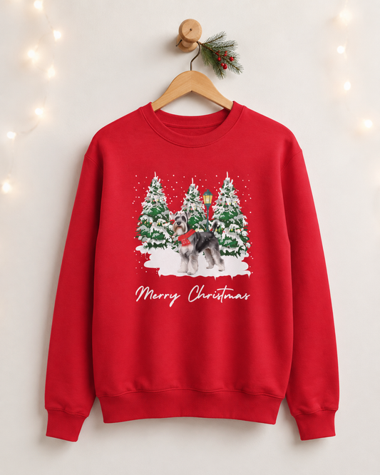 Red adult Christmas jumper featuring a schnauzer in a snowy festive tree scene with Merry Christmas text, displayed on a wooden hanger.