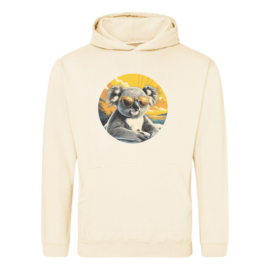 Adult hoodie featuring a cool circular sunset koala graphic