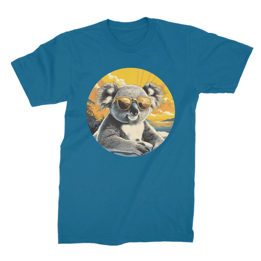 Adults teal cotton t-shirt with a cool koala in sunglasses graphic and a sunset background