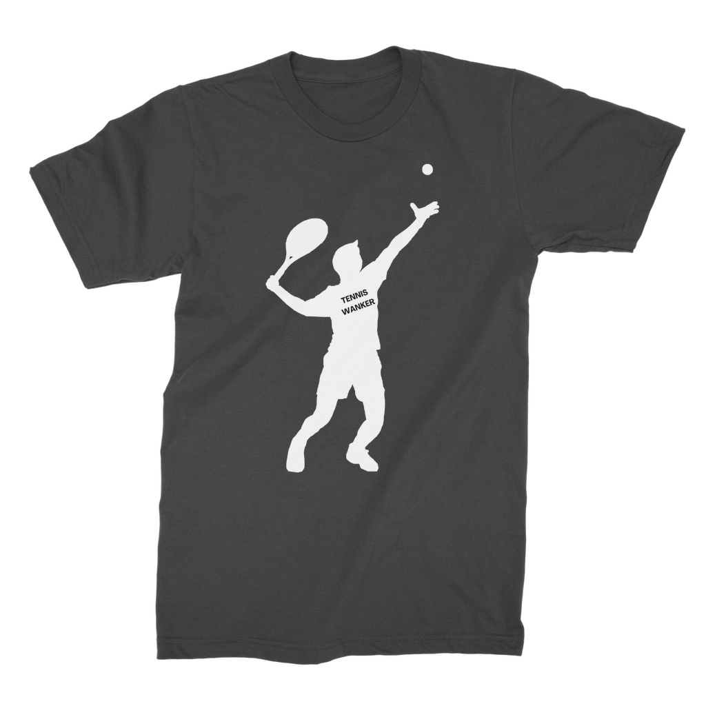 Adults black “Tennis Wanker” T-shirt featuring a bold white silhouette of a tennis player serving a ball.