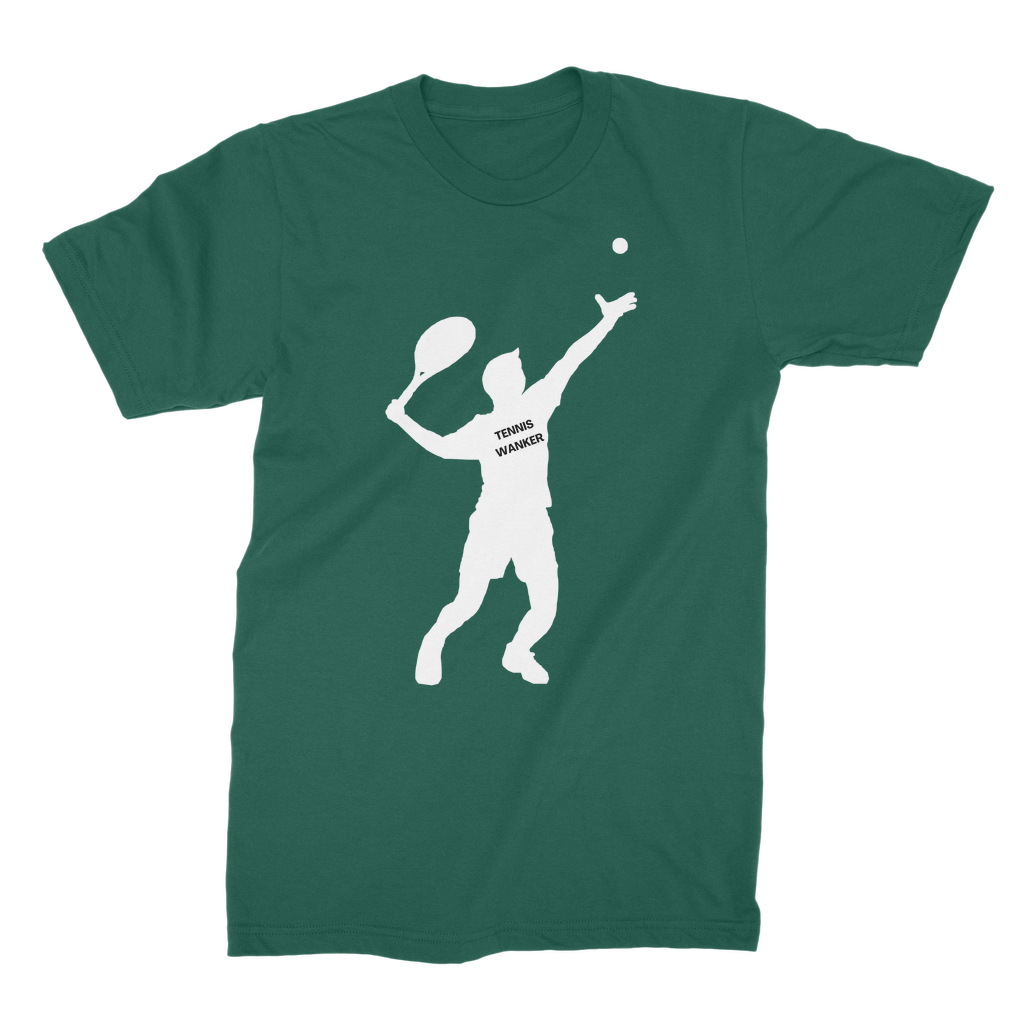 Adults Dark Green “Tennis Wanker” T-shirt featuring a bold white silhouette of a tennis player serving a ball.