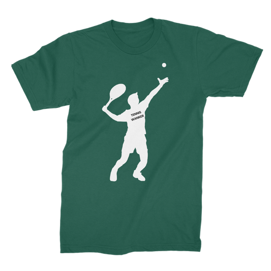 Adults Dark Green “Tennis Wanker” T-shirt featuring a bold white silhouette of a tennis player serving a ball.