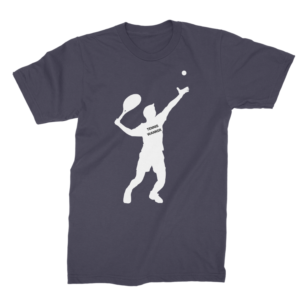 Adults navy “Tennis Wanker” T-shirt featuring a bold white silhouette of a tennis player serving a ball.