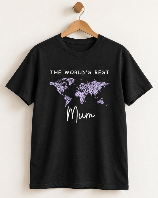 Black T-shirt on a wooden hanger with a lilac world map made of hearts and white “The World’s Best Mum” lettering.