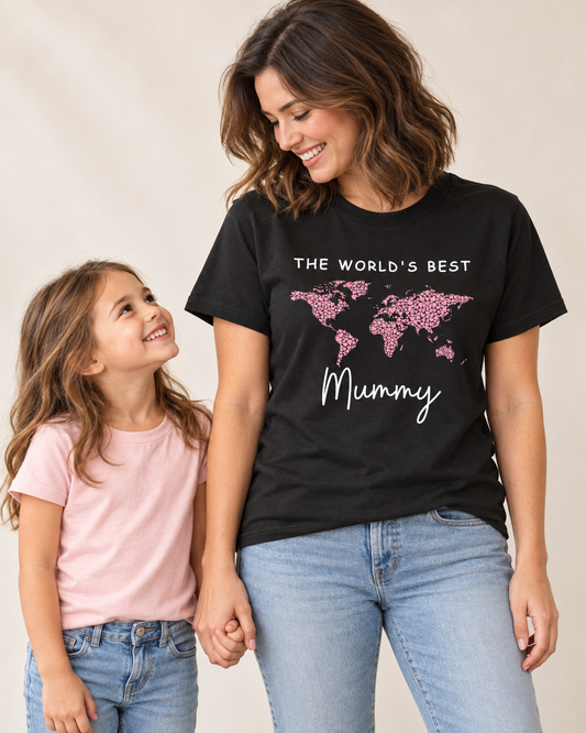 Smiling mum holding her little girl’s hand, wearing a black “The World’s Best Mummy” T-shirt with a pink world map formed from hearts.