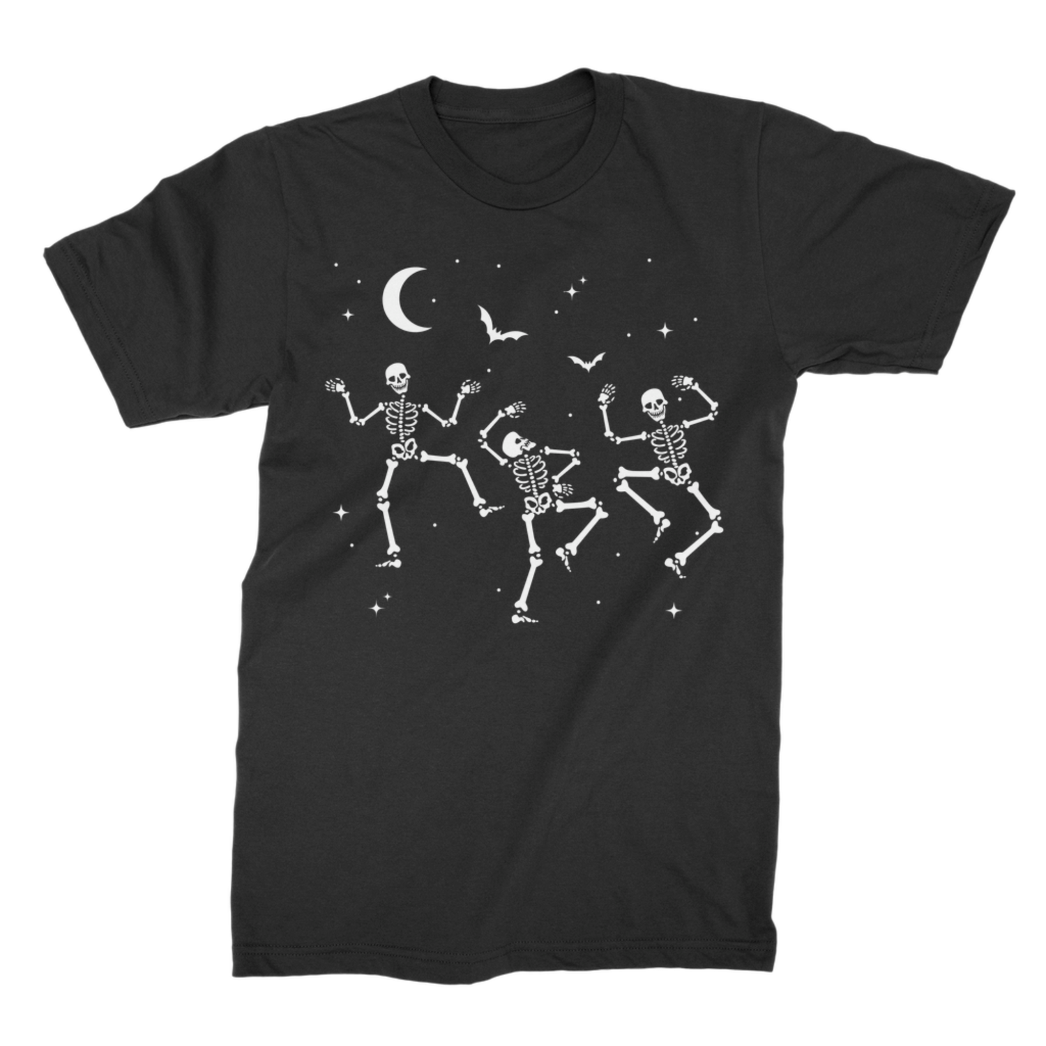 Black unisex adult Halloween T-shirt with three white dancing skeletons, bats, stars and a crescent moon.