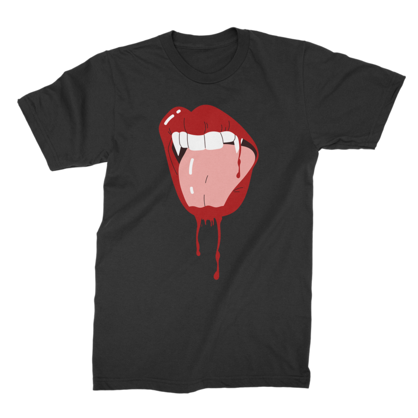 Black adult Halloween T-shirt featuring red vampire lips, white fangs, a pink tongue and dripping blood.