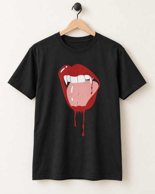 Black vampire lips Halloween T-shirt displayed on a wooden hanger hanging from a matte-black wall hook.