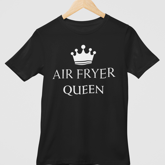 Black "Air Fyer Queen" and crown, black cotton t-shirt.