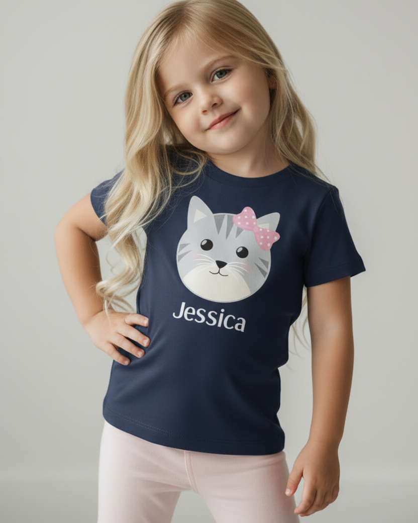 Young girl modelling personalised navy kitten t-shirt with name Jessica, studio lighting, premium children’s clothing