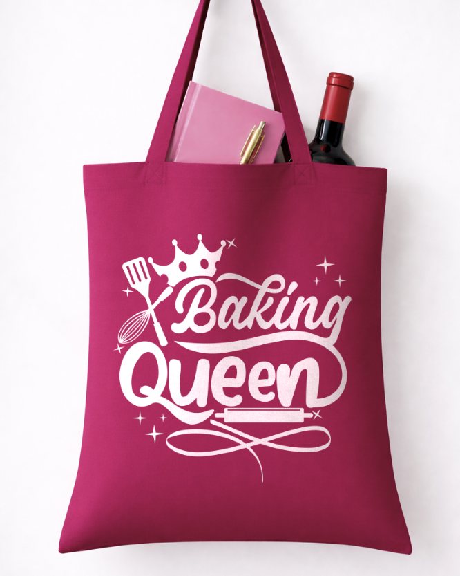 Baking Queen printed cranberry cotton tote bag with crown and baking utensils design – reusable baking tote bag gift for bakers
