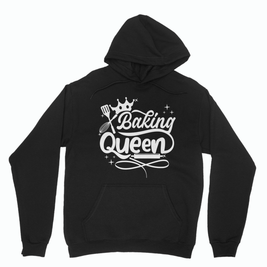 Black Baking Queen hoodie with white baking slogan design, crown and kitchen utensil graphics, front view
