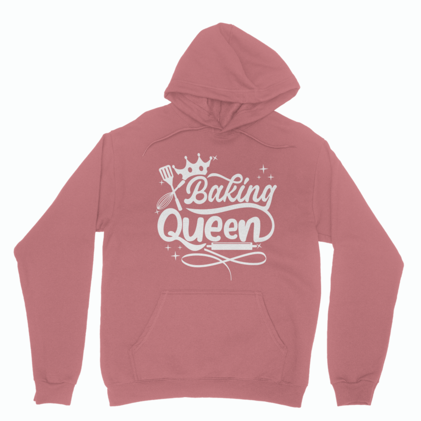Baking Queen hoodie in Dusty Rose with white baking design, crown graphic and whisk illustration, front view