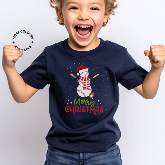 Kids Baseball Snowman Christmas T-shirt