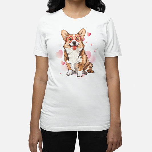 A woman with dark hair wears a white t-shirt featuring a cartoon corgi dog with red heart-shaped glasses. Pink hearts and subtle pink watercolor-style splashes surround the dog on the shirt.