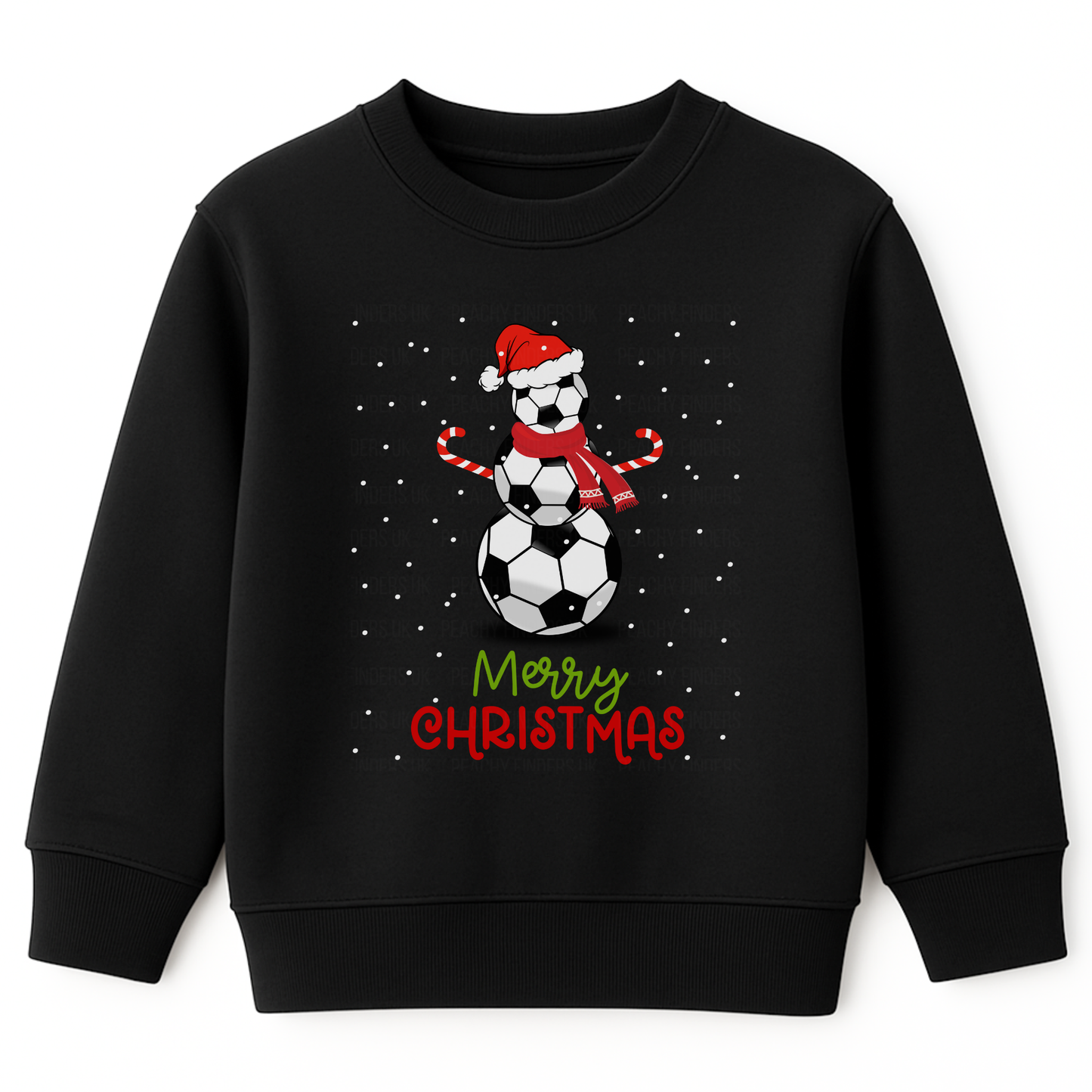 Kids black Christmas sweatshirt featuring a festive snowman made of stacked footballs wearing a red Santa hat and scarf, candy cane arms, with falling snow and the text “Merry Christmas” in red and green beneath.